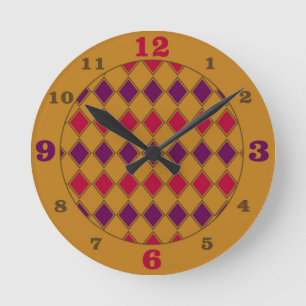 Harlequin Gold Purple & Coral Round Clock