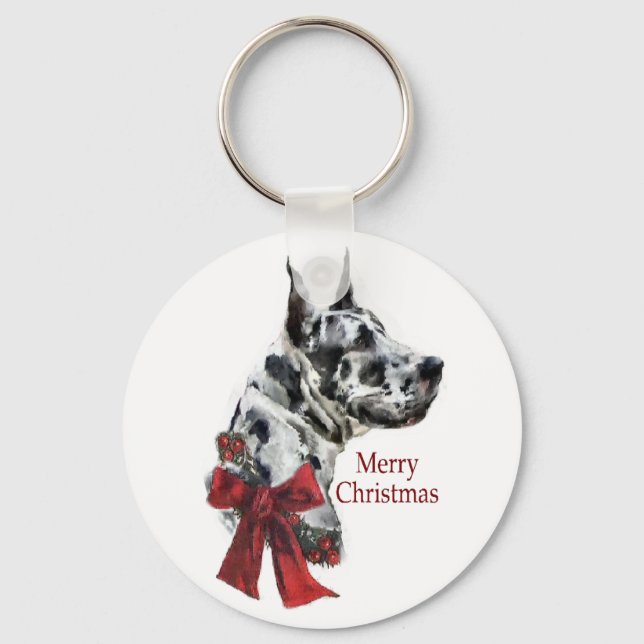 Harlequin Great Dane Christmas Gifts Keychain (Front)