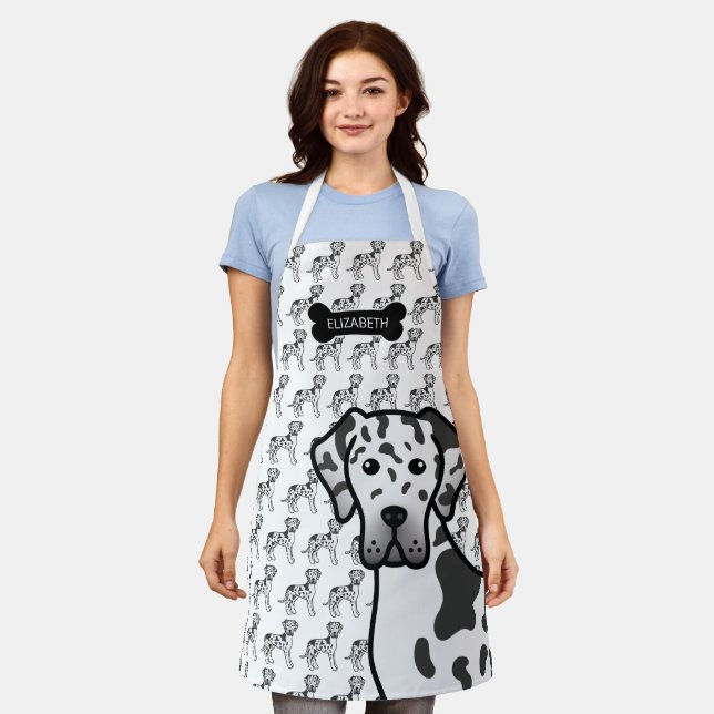 Harlequin Great Dane Cute Cartoon Dog & Name Apron (Worn)
