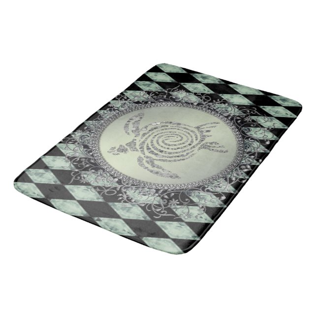 Harlequin Green and Silver Glitter Sea Turtle Bath Mat (Angled)