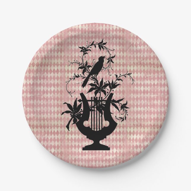 Harlequin Harp Bird Silhouette Paper Plates (Front)