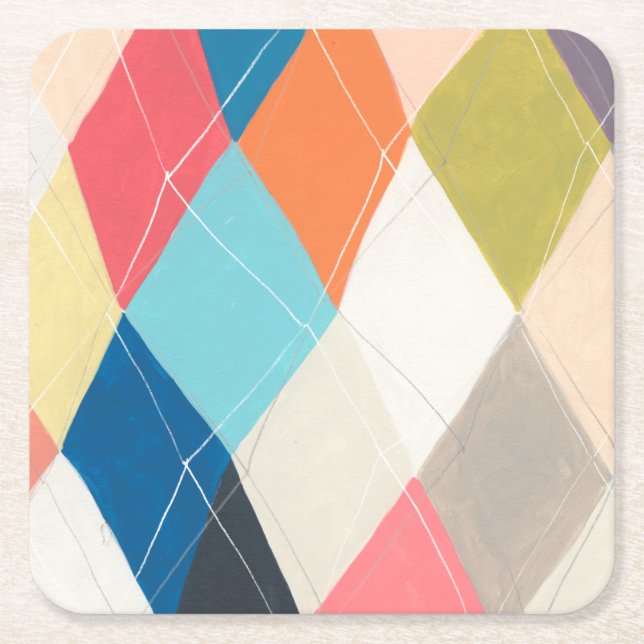 Harlequin Hopscotch - Argyle Pattern Square Paper Coaster (Front)