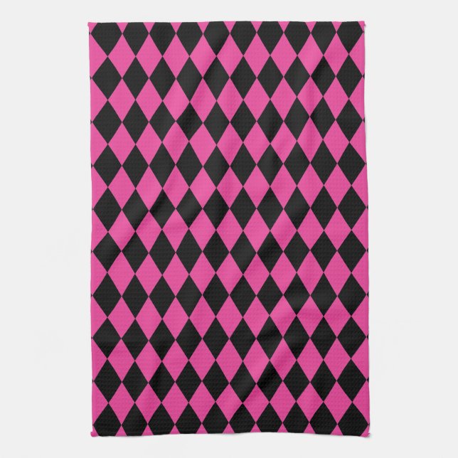 Harlequin Hot Pink and Black Kitchen Towel (Vertical)