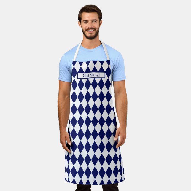 Harlequin Pattern DIY Colours Navy White SV Apron (Worn)