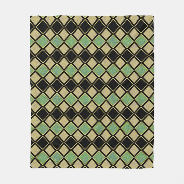 Harlequin Pattern in Gold, Green, and Black  Fleece Blanket (Front)