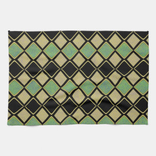 Harlequin Pattern in Gold, Green, and Black Kitchen Towel