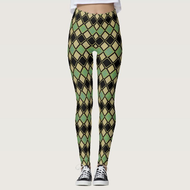 Harlequin Pattern in Gold, Green, and Black  Leggings (Front)