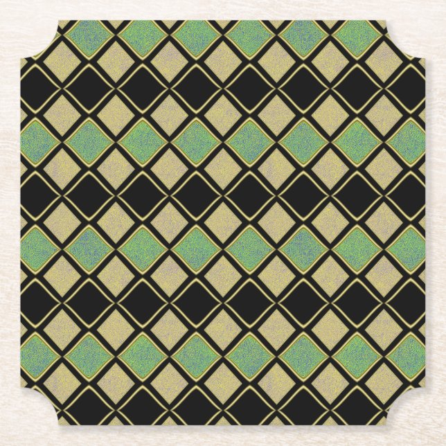 Harlequin Pattern in Gold, Green, and Black  Paper Coaster (Front)