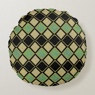 Harlequin Pattern in Gold, Green, and Black Round Pillow