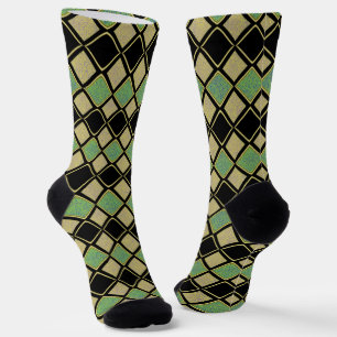 Harlequin Pattern in Gold, Green, and Black Socks