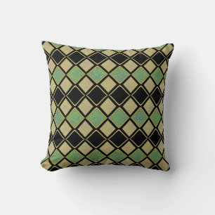 Harlequin Pattern in Gold, Green, and Black Throw Pillow