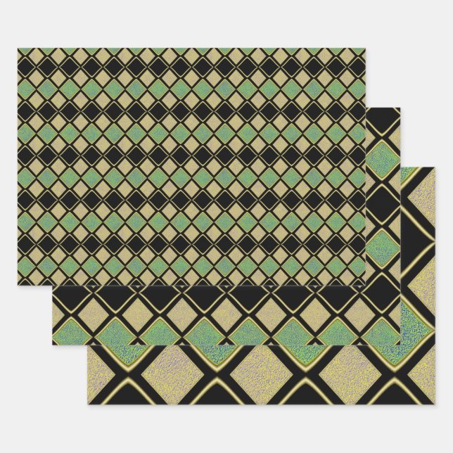 Harlequin Pattern in Gold, Green, and Black  Wrapping Paper Sheet (Set)