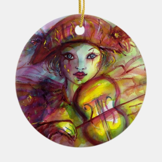 HARLEQUIN PLAYING VIOLIN Venetian Masquerade Ceramic Ornament (Front)