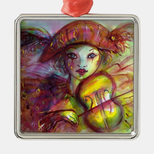 HARLEQUIN PLAYING VIOLIN Venetian Masquerade Metal Ornament (Front)