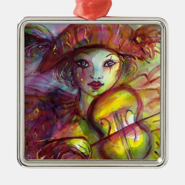 HARLEQUIN PLAYING VIOLIN Venetian Masquerade Metal Ornament (Front)