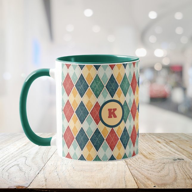 Harlequin Retro Red Gold Green Argyle Initial Mug (Creator Uploaded)