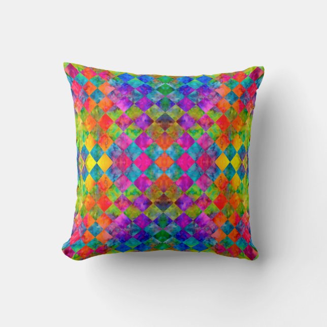 [Harlequin Tie-Dye] Diamond Fractal Chequered (v2) Throw Pillow (Front)