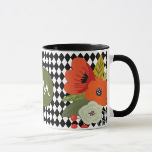 Harlequin tiles & Flowers, Customizable Monogram Mug