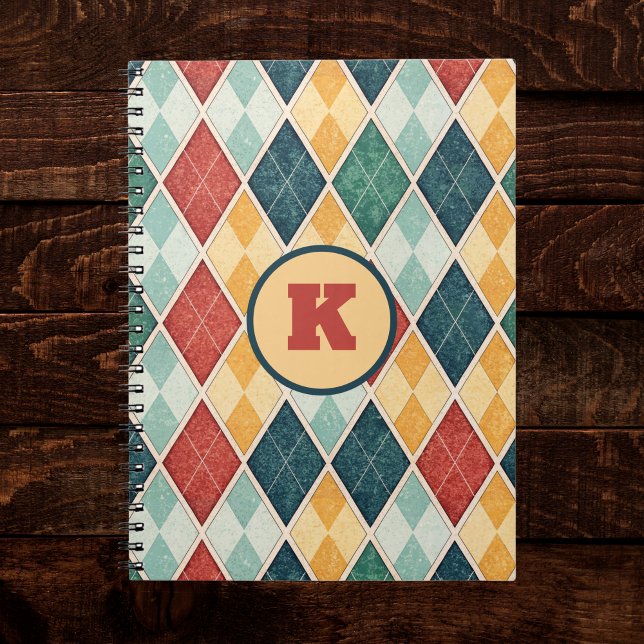 Harlequin Vintage Gold Red Green Monogram Argyle Notebook (Creator Uploaded)