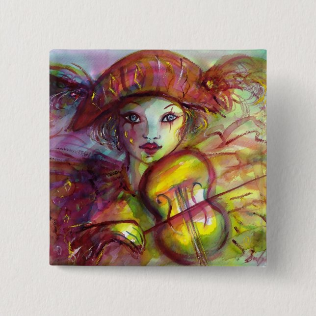 Harlequin Violinist, Venetian Masquerade Masks 2 Inch Square Button (Front)