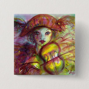 Harlequin Violinist, Venetian Masquerade Masks 2 Inch Square Button