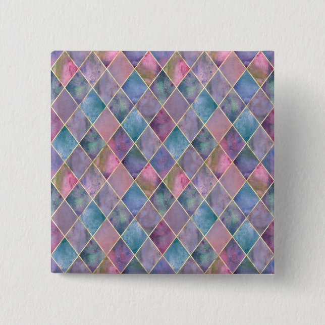 Harlequin Watercolor Diamond Geometric Pattern  2 Inch Square Button (Front)