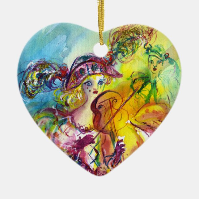 HARLEQUINA PLAYING VIOLIN WITH CAT CERAMIC ORNAMENT (Front)