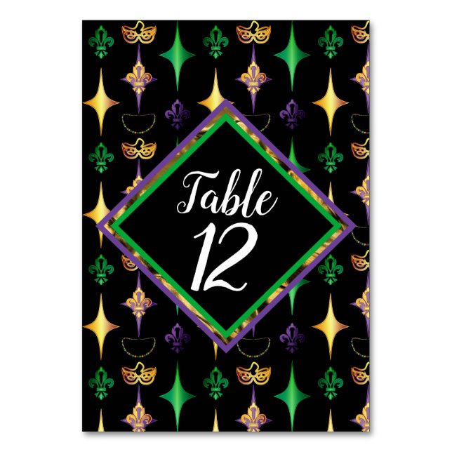 Harlequins Beads Mask Fleur de Lis Mardi Gras Table Number (Front)