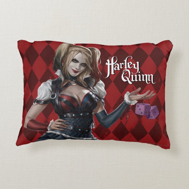 Harley Quinn With Fuzzy Dice Decorative Pillow (Back)