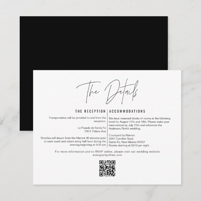 HARLOW Bold Modern QR Code Wedding Details Card (Front/Back)