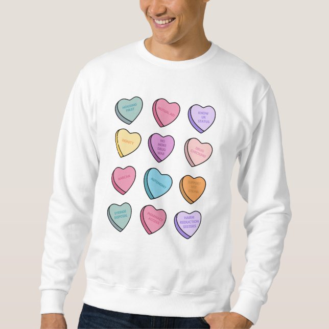 Harm Reduction Sisters Candy Hearts Sweatshirt (Front)