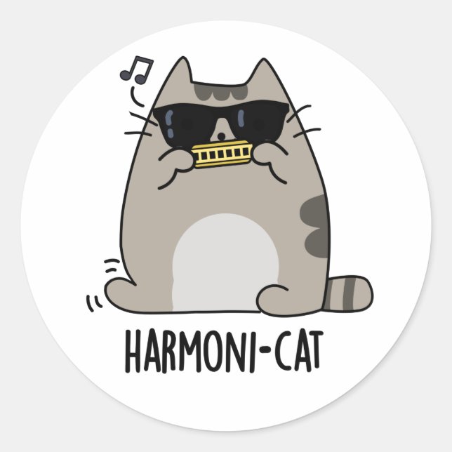 Harmoni-cat Funny Harmonica Cat Pun  Classic Round Sticker (Front)