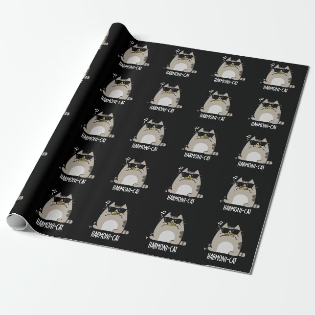 Harmoni-cat Funny Harmonica Cat Pun Dark BG Wrapping Paper (Unrolled)