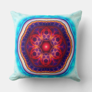 Harmonic fractal red blue mandala throw pillow
