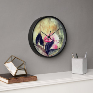 Harmonic Pink Flowers Black Leaves Abstract Clock
