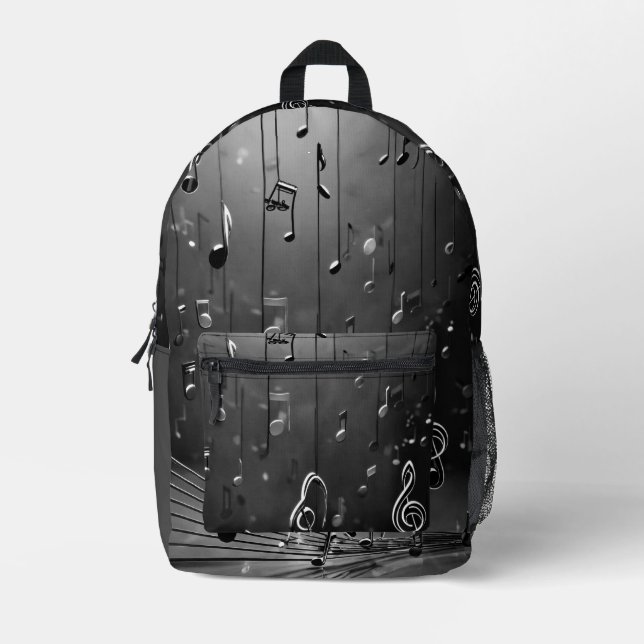 Harmonic Shades: Grey Music Artwork Fashion Design Printed Backpack (Front)