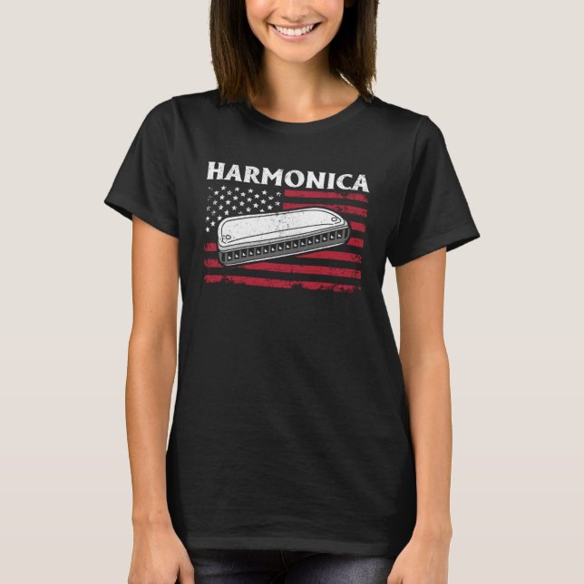 Harmonica Instrument Harmonica US Flag T-Shirt (Front)