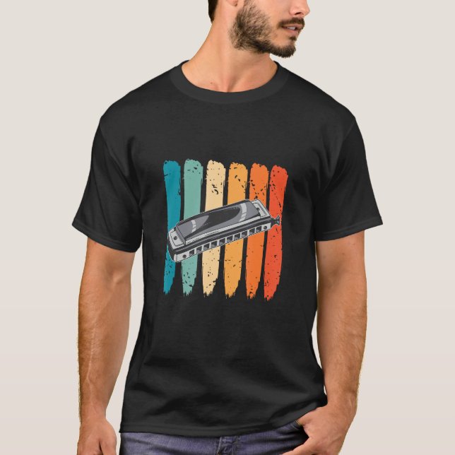 Harmonica Instrument Retro French Harp Player Blue T-Shirt (Front)