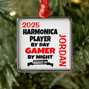 Harmonica Player Loves Playing Video Games Metal Ornament