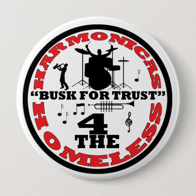 Harmonicas for the Homeless 4 Inch Round Button (Front)