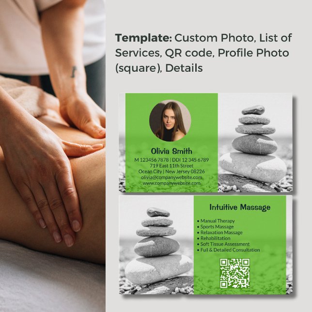 Harmonie - Carte de visite de massothérapie verte (Harmony - Green Massage Therapist Business Card, Background Photo & Green Overlay, QR code)