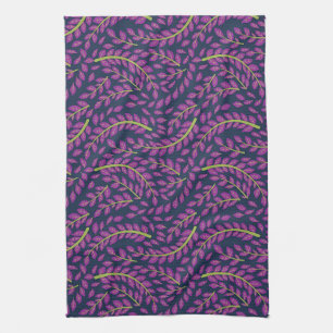 Harmonious Botanical Art on Dark Blue Background Kitchen Towel