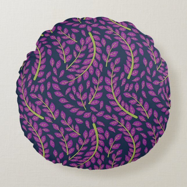 Harmonious Botanical Art on Dark Blue Background Round Pillow (Front)