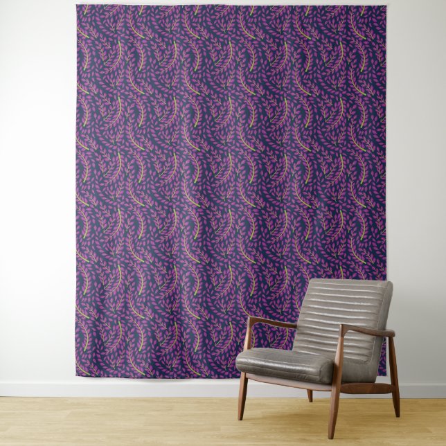 Harmonious Botanical Art on Dark Blue Background Tapestry (In Situ)