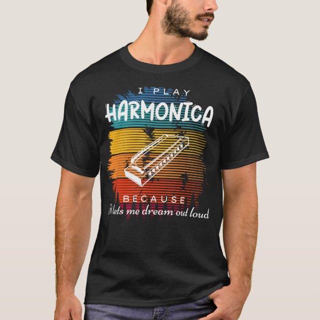 Harmonious Daydreams: Melodic Harmonica Joy T-Shirt (Front)