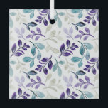 Harmonious Watercolor Leaves Design  Glass Ornament<br><div class="desc">Watercolor pattern of branches with leaves in teal,  purple,  and gray on a white background. The design is harmonious and elegant.</div>