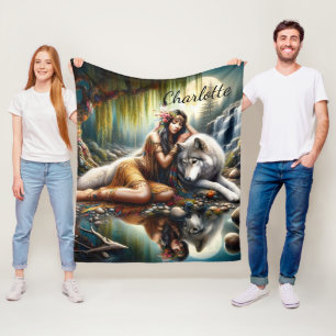 Harmony between a Native Indian woman and a wolf Fleece Blanket