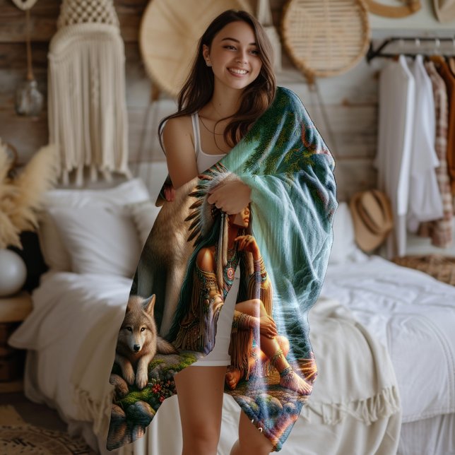 Harmony between Native Indian and wolves in nature Fleece Blanket (Creator Uploaded)