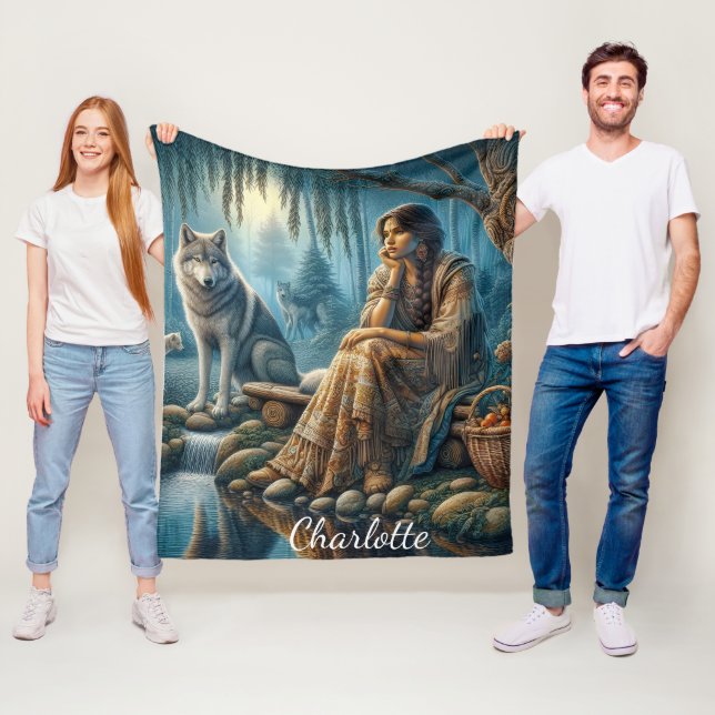 Harmony between Native Indians and wolves Fleece Blanket (In Situ)