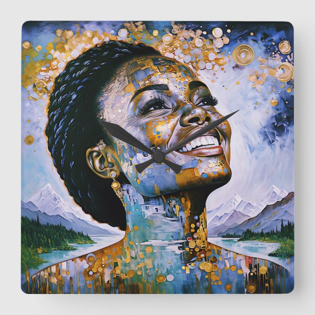 "Harmony in Gold and Sky"      Square Wall Clock (Front)